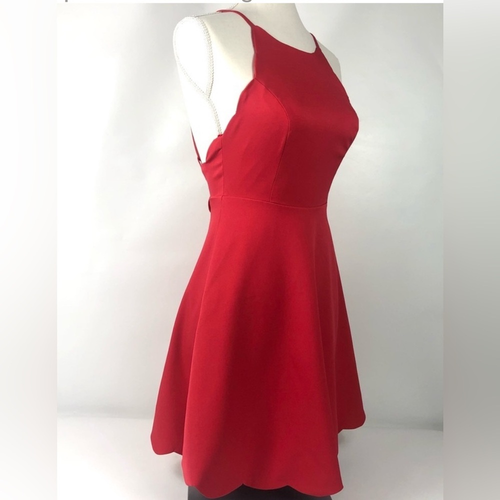 LULUS Red silk scalloped back tie Sun Dress criss cross Xsmall